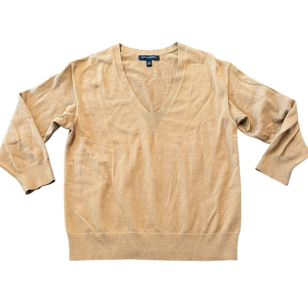 Banana Republic Ladies camel/brown/caramel cotton blend v-neck sweater, 3/4, XS
